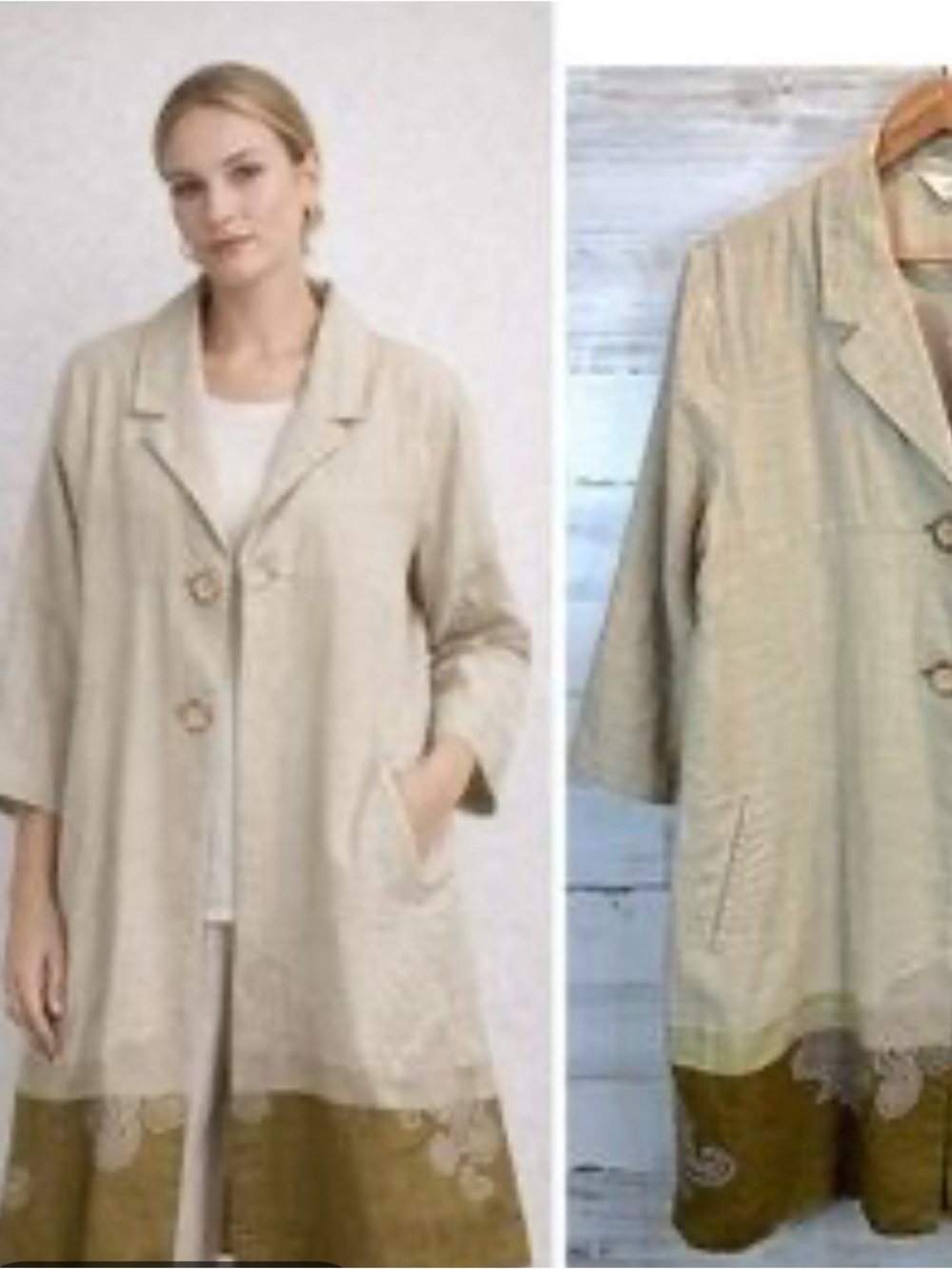 J. Jill Linen Colorblock Embroidered Duster Jacket Coat Beige Sage Olive M